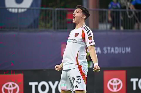 FC Dallas forward Logan Farrington celebrates his goal