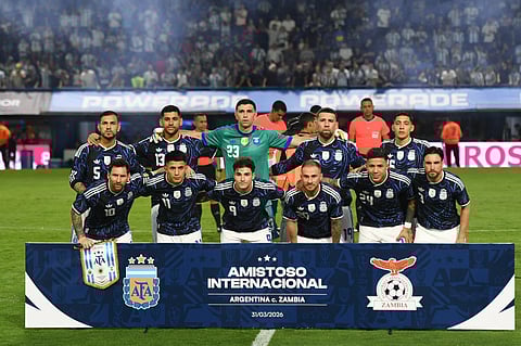 Argentina players pose for a team photo against Zambia
