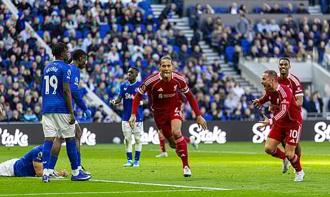 Virgil van Dijk scores the late winner in the Merseyside Derby