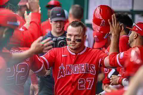 Los Angeles Angels outfielder Mike Trout after hitting a home run