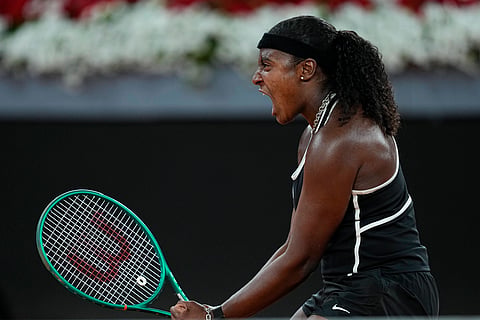 Hailey Baptiste reacts after beating Aryna Sabalenka