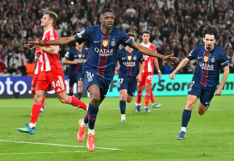 Ousmane Dembele celebrates his goal against Bayern Munich