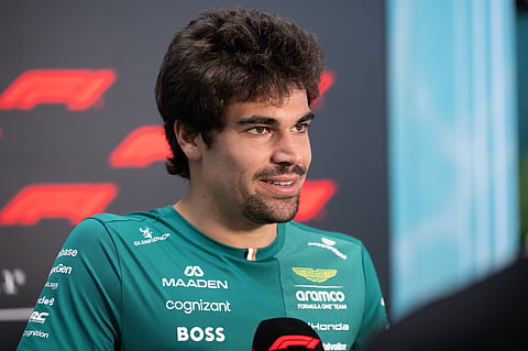 Lance Stroll addresses the media during the Miami Grand Prix