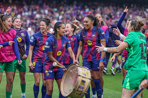 FC Barcelona players celebrate after win over Bayern Munich