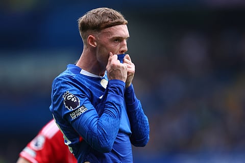 Cole Palmer reacts after Matz Sels denies him from the spot