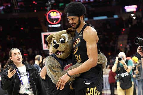Jarrett Allen gets a hug from mascot after win over Toronto Raptors