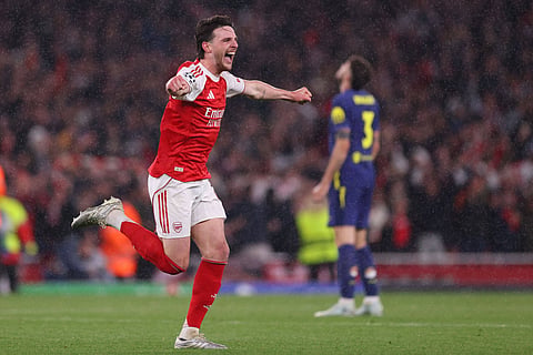 Declan Rice celebrates after Arsenal advanced to the UCL final
