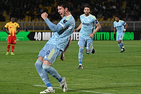 Dusan Vlahovic celebrates his goal against Leece