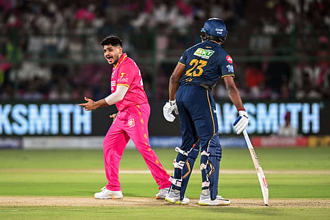 Tushar Deshpande in action against Gujarat Titans
