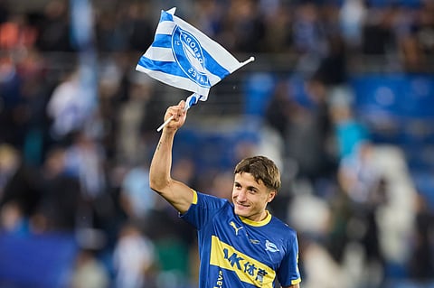 Nahuel Tenaglia of Deportivo Alaves reacts after win over Barcelona