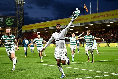 Kelechi Iheanacho celebrates his last-minute penalty against Motherwell