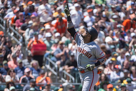 San Francisco Giants baseman Luis Arraez celebrates home run against Athletics
