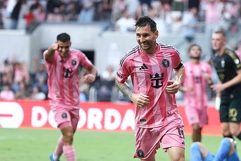 Lionel Messi celebrates his goal against Portland Timbers