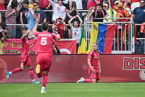 St. Louis City players celebrate their goal against Austin FC