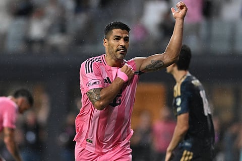 Luis Suarez celebrates his hat-trick against Philadelphia Union