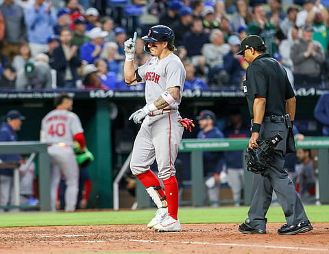 Boston Red Sox's Jarren Duran celebrates at home plate