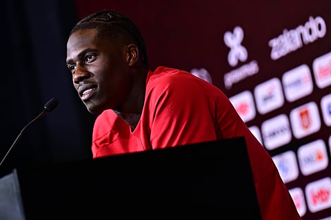 Belgium midfielder Amadou Onana during press conference