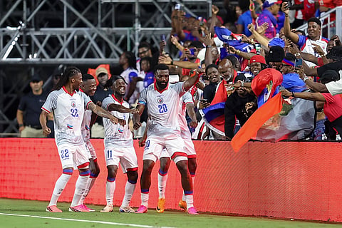 Haiti forward Frantzdy Pierrot celebrates a goal against New Zealand