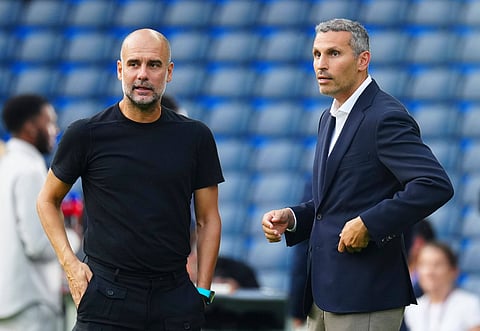 Manchester City chairman Khaldoon Al Mubarak with Pep Guardiol