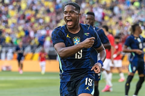 Endrick celebrates his winning goal for Brazil