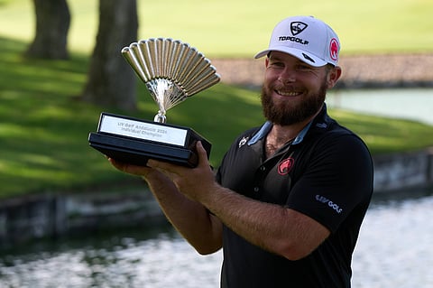 Tyrrell Hatton poses after the winning the LIV Golf Andalucia tournament