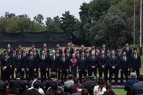 Mexico national team players attend the flag ceremonial with the Mexican President Claudia Sheinbaum ahead of the World Cup