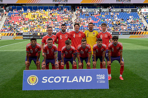 Scotland players pose for a team photo during friendly against Bolivia