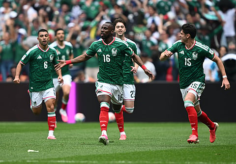 Julian Quinones celebrates after scoring the opening goal at 2026 FIFA World Cup