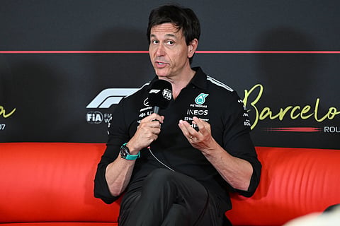 Toto Wolff addresses the media during the Spanish Grand Prix