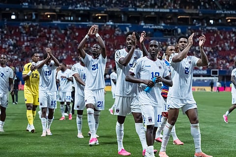 Cape Verde players celebrate their draw against against Spain at full time