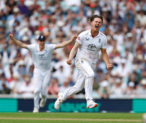 Sonny Baker celebrates his maiden Test wicket