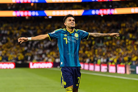 Luis Diaz celebrates his goal against Uzbekistan