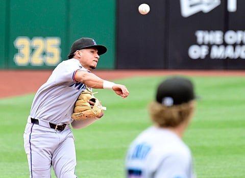 Miami Marlins third baseman Javier Sanoja in action