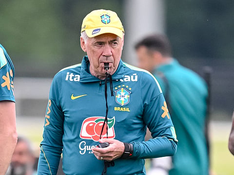 Carlo Ancelotti watches the Brazil training ahead of Scotland tie