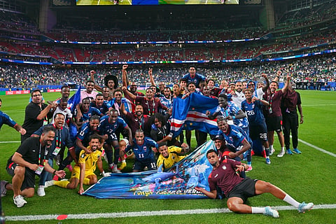 Cape Verde players celebrate after qualifying for the knockout stage