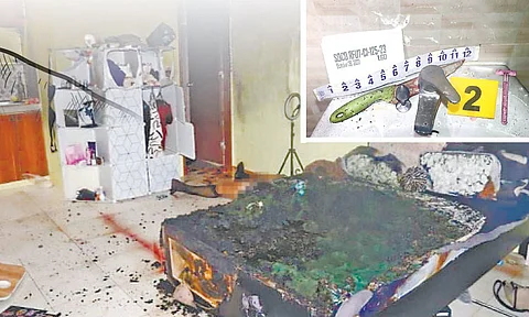 ■ HIGDAANAN: Kini ang higdaanan o kama sa gipatay nga call center agent nga sunog sulod sa iyang giabangan nga lawak sa usa ka balay sa Sitio Cadahuan, Barangay Talamban sa dakbayan sa Sugbo, pasado alas 12:00 sa kaadlawon sa Dominggo, Oktubre 29, 2023. Makita usab ang mahait nga butang nga gituohan mga gigamit sa suspek sa pagpatay sa biktima.
