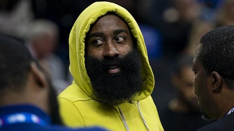 Philadelphia 76ers' James Harden looks on during the second half of an NBA basketball game against the Portland Trail Blazers, Sunday, October 29, 2023, in Philadelphia.