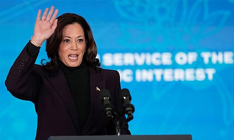US Vice President Kamala Harris waves before delivering a policy speech on the Biden-Harris Administration’s vision for the future of Artificial Intelligence (AI), at the US Embassy in London, Wednesday, Nov. 1, 2023. Harris is on a two day visit to England to attend the AI Summit at Bletchley Park.