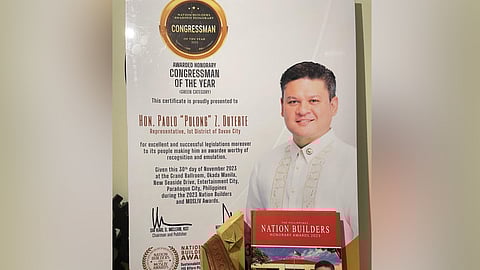 Rep. Duterte receives award for 'excellent, successful legislations'