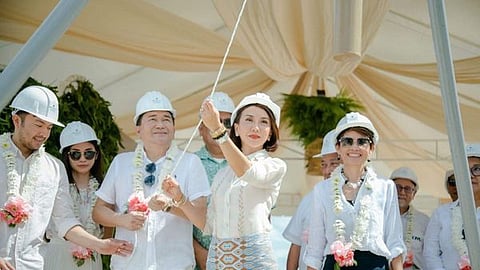Tourism Secretary Christina Frasco, second from right, leads the groundbreaking of JW Marriott Panglao Island Resort and Residences in Bohol on Dec. 2, 2023. She is joined by AppleOne Group owners and executives, from left, Ray Patrick Manigsaca, Samantha Manigsaca, Ray Go Manigsaca and Venus Manigsaca. (Photo courtesy of AppleOne