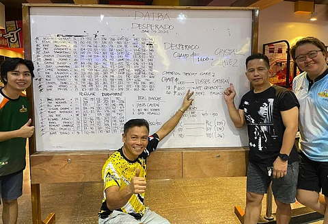 WINNERS ALL. Crystal Chavez, standing right, wins the last seat in the Davao Tenpin Bowlers Association (Datba) Bowler of the Year 2023 grand championship tournament slated on Sunday, January 14, 2024, at the SM Lanang bowling center. Also in the photo from left, regular Tuesday tournament third placer Benz Palacio, runner-up Art Galendez, and champion Ulysses Caturan.