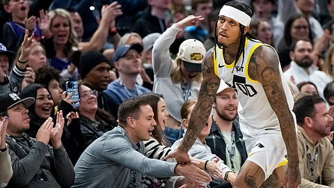 Utah Jazz guard Jordan Clarkson (00) celebrates after hitting a 3-point basket during the first half of an NBA basketball game against the Los Angeles Lakers, Saturday, Jan. 13, 2024, in Salt Lake City.