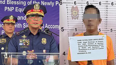 MANILA. Philippine National Police (PNP) Chief General Benjamin Acorda Jr. (left) announces the dismissal from service of Lieutenant Colonel Mark Julio Abong (right).