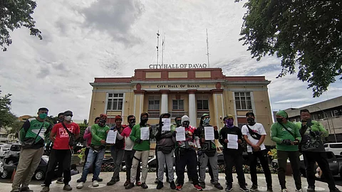 ‘NOT BUSINESS PARTNERS.’ Several members of the Davao Delivery Riders gather at San Pedro Square to file their petition for exclusion in the Business Permit Requirement to Davao City Mayor Sebastian "Baste" Duterte on Monday afternoon, January 22, 2024.