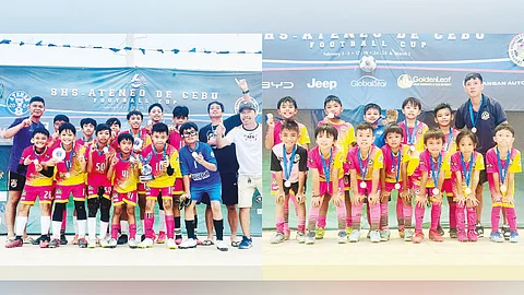 CHAMPS. Giuseppe Football Club won the U12 championship at the recently concluded SHS-Ateneo de Cebu Magis Eagles 6th Football Cup held on Feb. 3 and 4, 2024. Right photo shows the GFC U10 club, who managed to win second-runner up at the same tournament. /