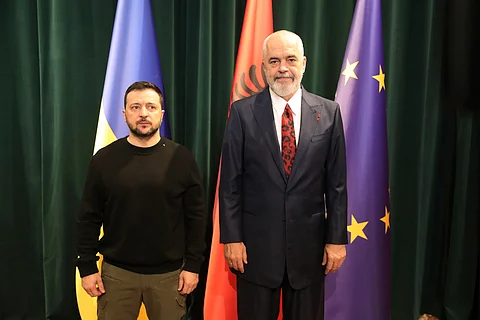 Albanian Prime Minister Edi Rama, right, and Ukrainian President Volodymyr Zelenskyy pose before their meeting in Tirana, Albania, Wednesday, Feb. 28, 2024. Albania hosts on Thursday a summit of Southeastern European countries on peace, security and cooperation, focused on the war in Ukraine.