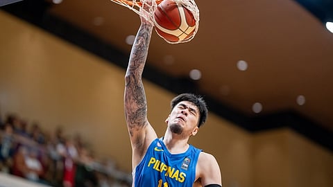 SLAM. Kai Zachary Sotto of the Philippines dunks during the Fiba Asia Cup 2025 Qualifiers 1st Window opener against Hong Kong where Gilas Pilipinas pulled a lopsided 94-64 victory at the Tsuen Wan Stadium on Thursday night, February 22, 2024.
