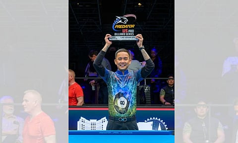 LAS VEGAS OPEN KING. Dabawenyo Lee Vann Corteza of the Philippines secures the 2024 Las Vegas Open men's open championship trophy after eking out a 4-2, 4-3 win over compatriot Carlo Biado at the Rio All-Suite Hotel in Las Vegas, Nevada, USA recently.
