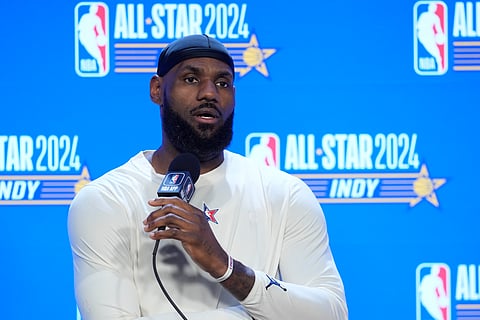 Los Angeles Lakers' LeBron James speaks during a news conference before the NBA basketball All-Star game, Sunday, Feb. 18, 2024, in Indianapolis.
