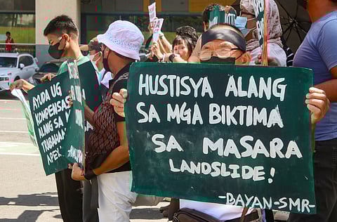 PROTEST. Several progressive groups, including a youth organization, gathered on Tuesday morning, February 20, 2024, on Roxas Avenue, Davao City, to express their sentiments calling for justice for the victims of the massive landslide that occurred in Masara, Municipality of Maco, Davao de Oro that claimed 98 lives and holding a well-known mining company accountable for the disaster.